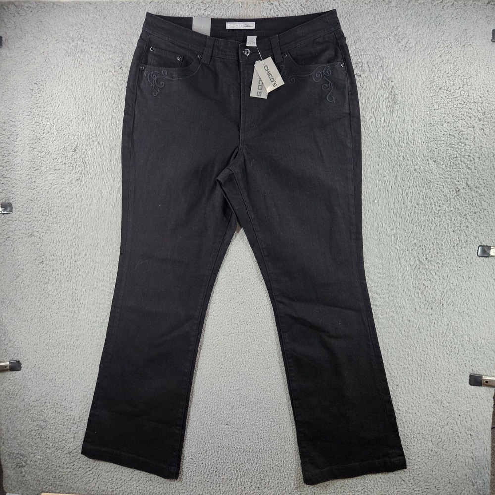 Chicos Platinum Cecile RG Jeans Womens 2.5 Regular Black Embroidered Denim New